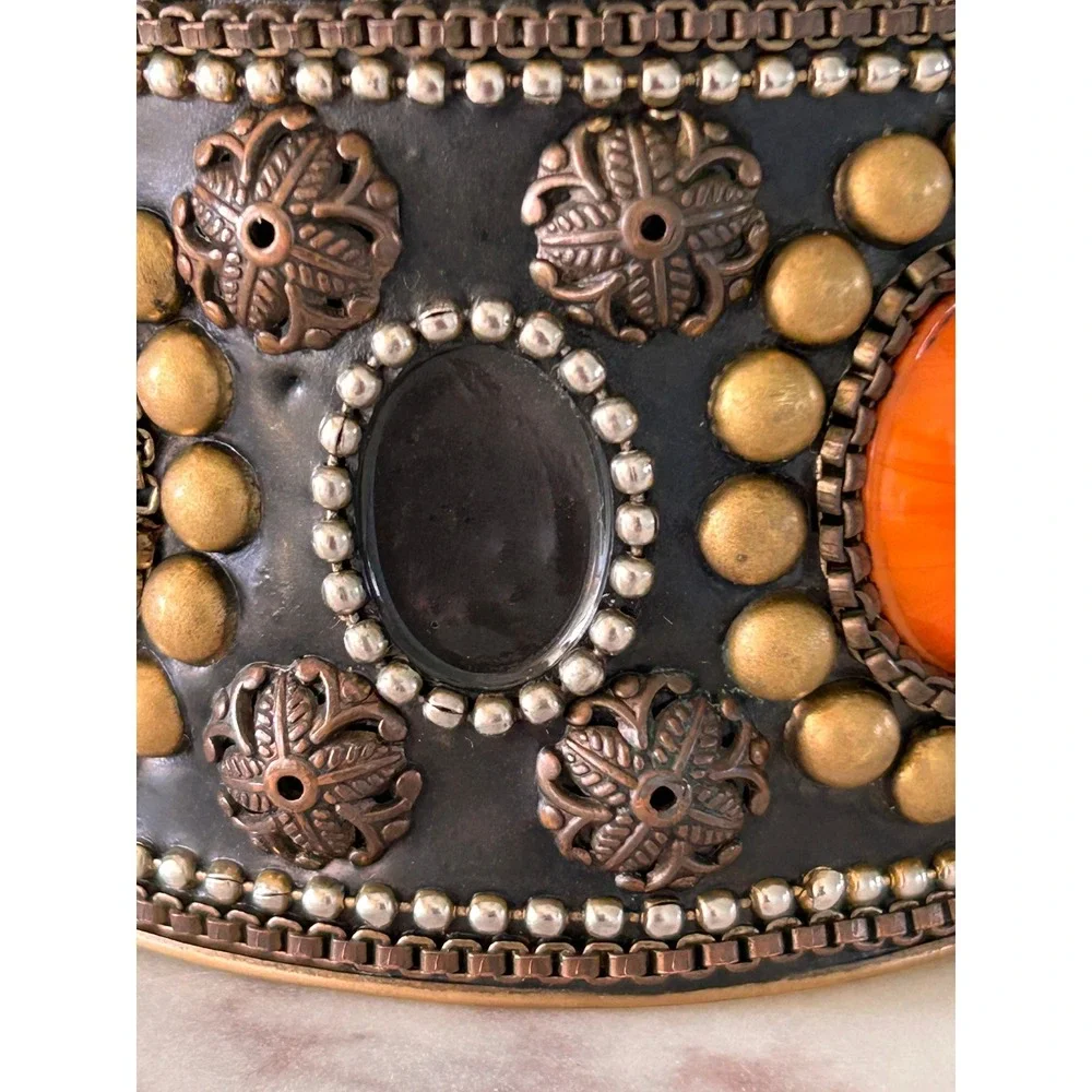 Vintage Boho Wide Cuff Bangle Bracelet Orange Cabochon Brass Tone Studded Ethnic